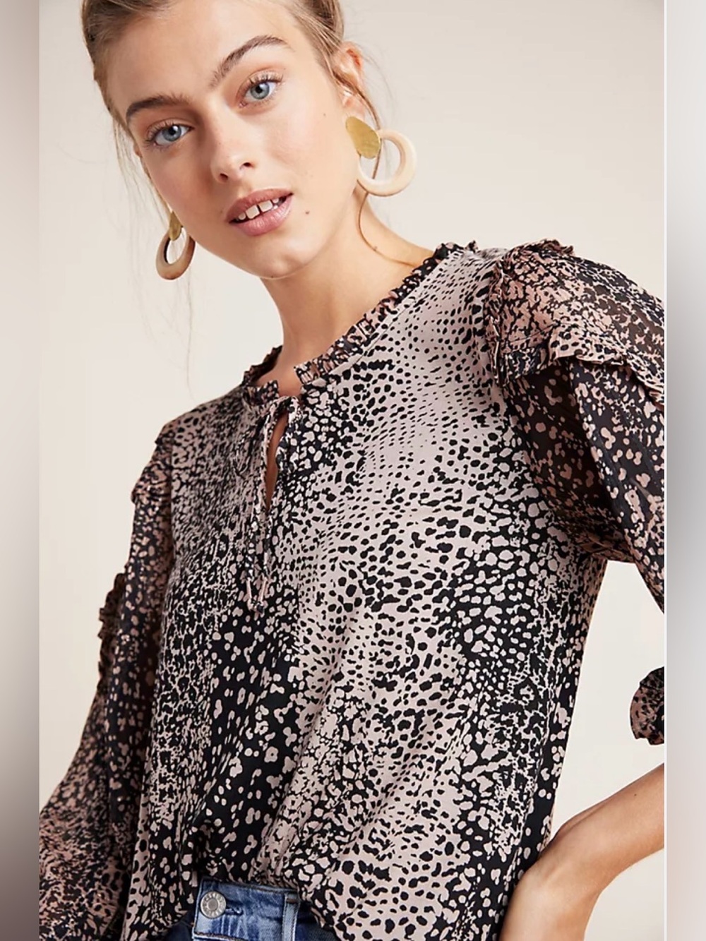 Maeve Anthropologie Animal Print Ruffle Tie Neck Blouse XL Sheer Sleeve Top